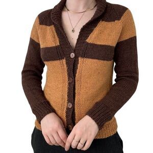 Vintage Womens Preppy Hand Knit 100% Alpaca Soft Yellow Brown Striped Cardigan S
